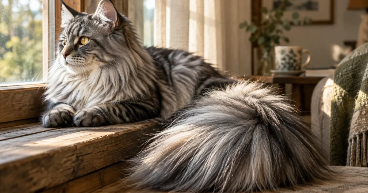 Fluffy Maine Coon cat with a very large, bushy tail resting on a rustic wooden windowsill by a sunny window.