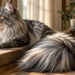 Fluffy Maine Coon cat with a very large, bushy tail resting on a rustic wooden windowsill by a sunny window.