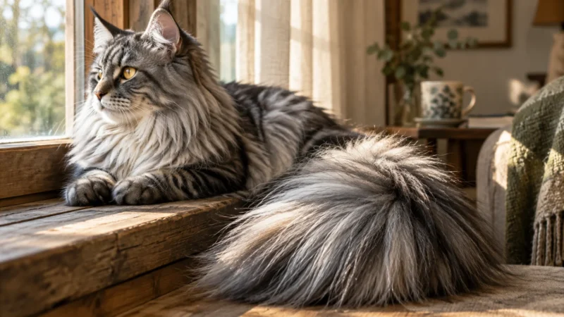 Fluffy Maine Coon cat with a very large, bushy tail resting on a rustic wooden windowsill by a sunny window.