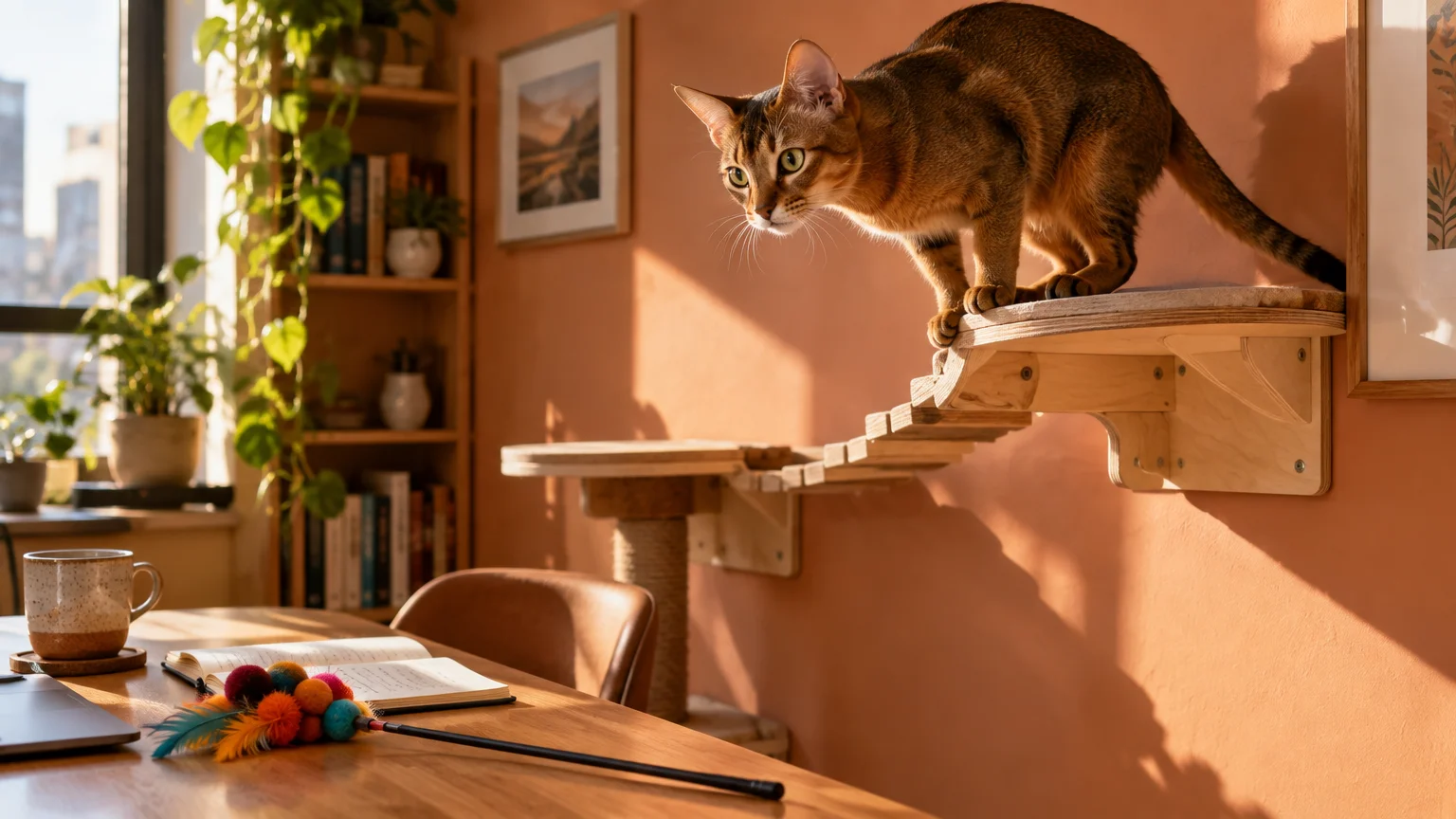An Abyssinian cat stands on a wooden wall-mounted climbing shelf above a desk with a feather toy and notebook.