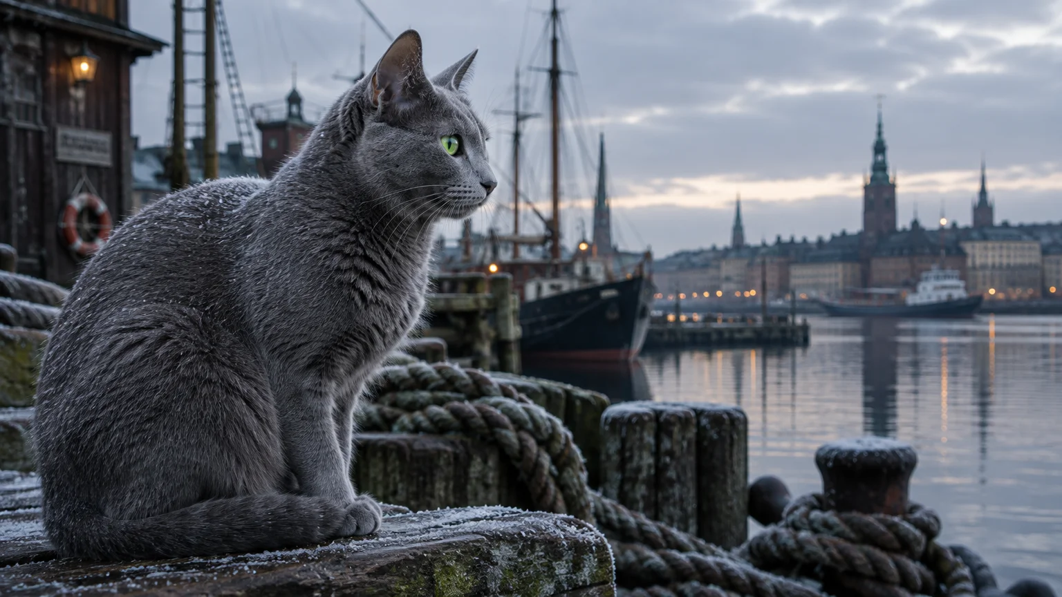 A Russian Blue cat sits on a frosty wooden pier against a harbor with ships and a distant historic skyline.