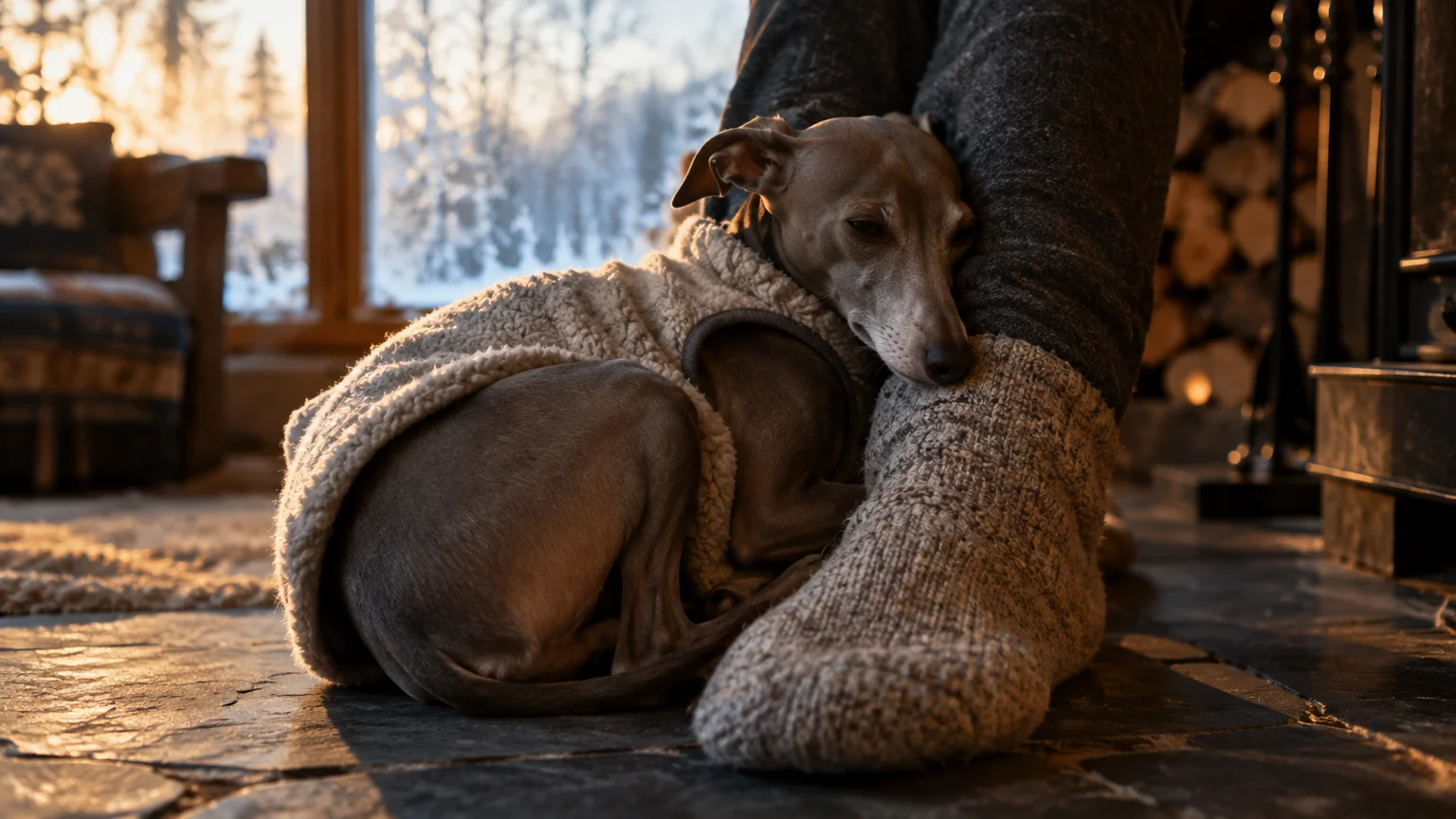 Small dog wearing a fleece sweater rests its head against a person's wool-socked foot indoors on a stone floor.