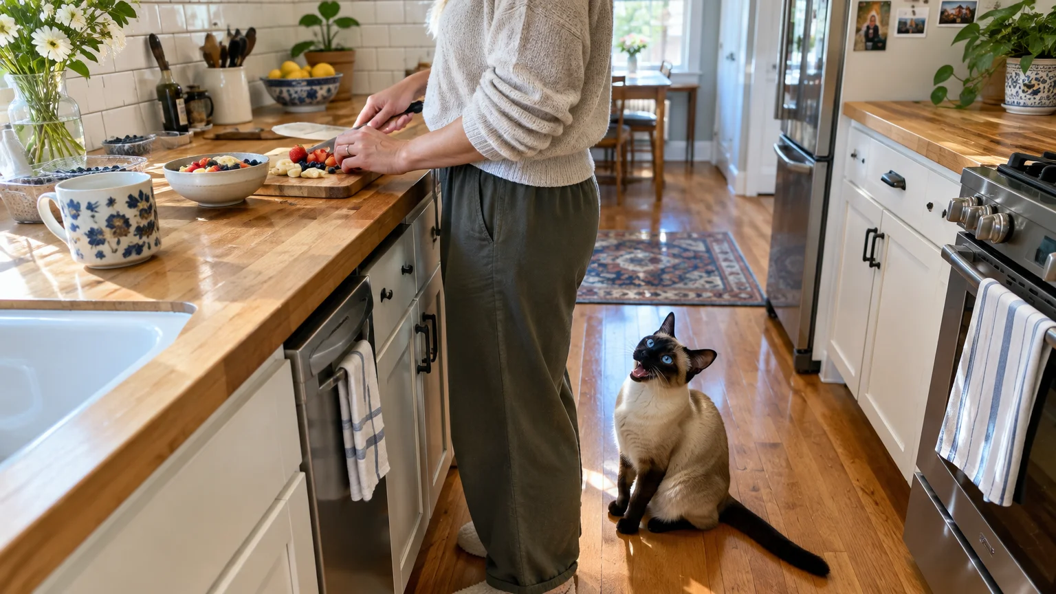 A Siamese cat sits on a hardwood kitchen floor meowing up at a person preparing food on a counter.