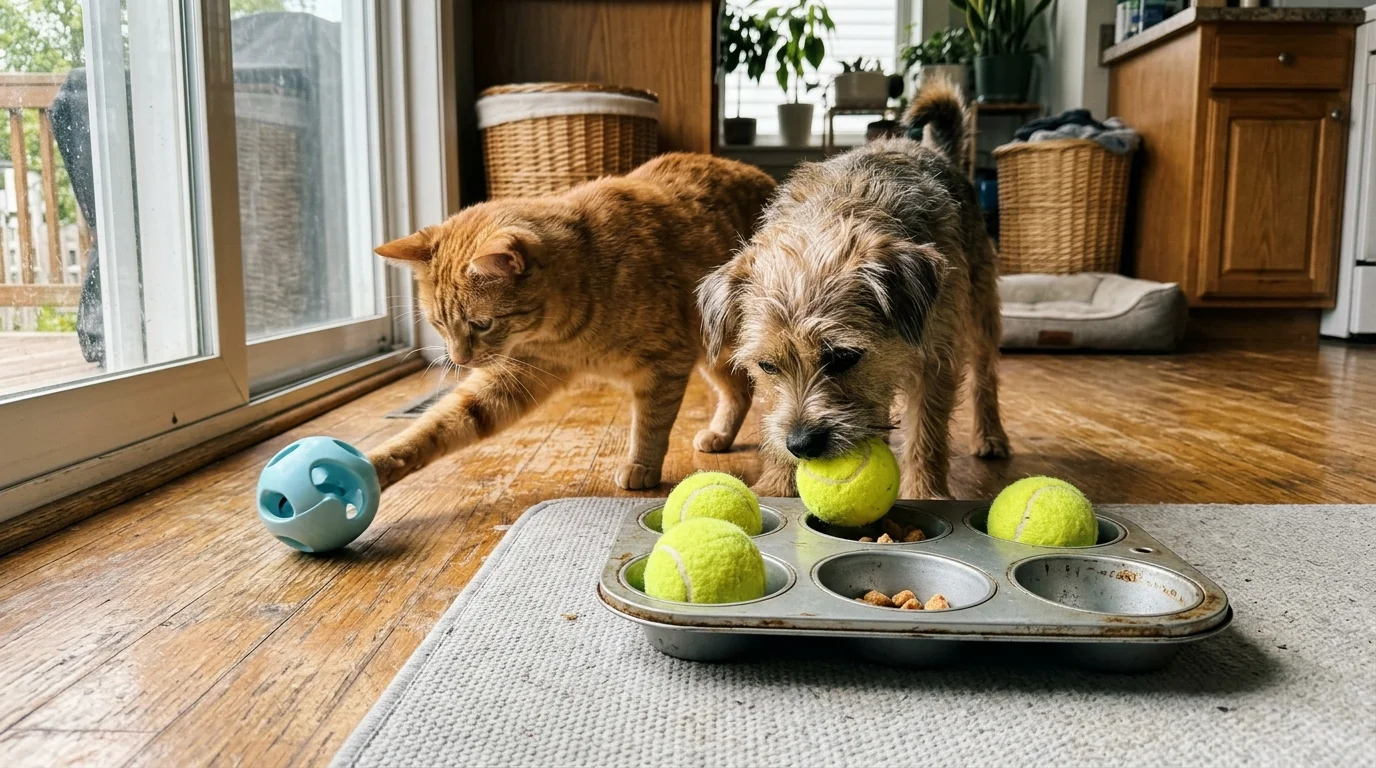 A small terrier lifts a tennis ball from a muffin tin of treats beside an orange cat pawing at a blue toy ball.