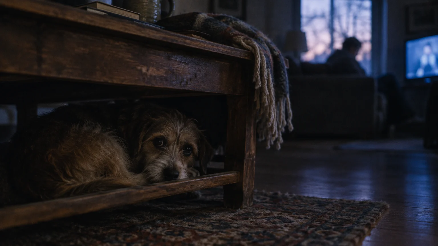 A small, scruffy dog curls up under a wooden coffee table in a dim living room while someone sits in the background.
