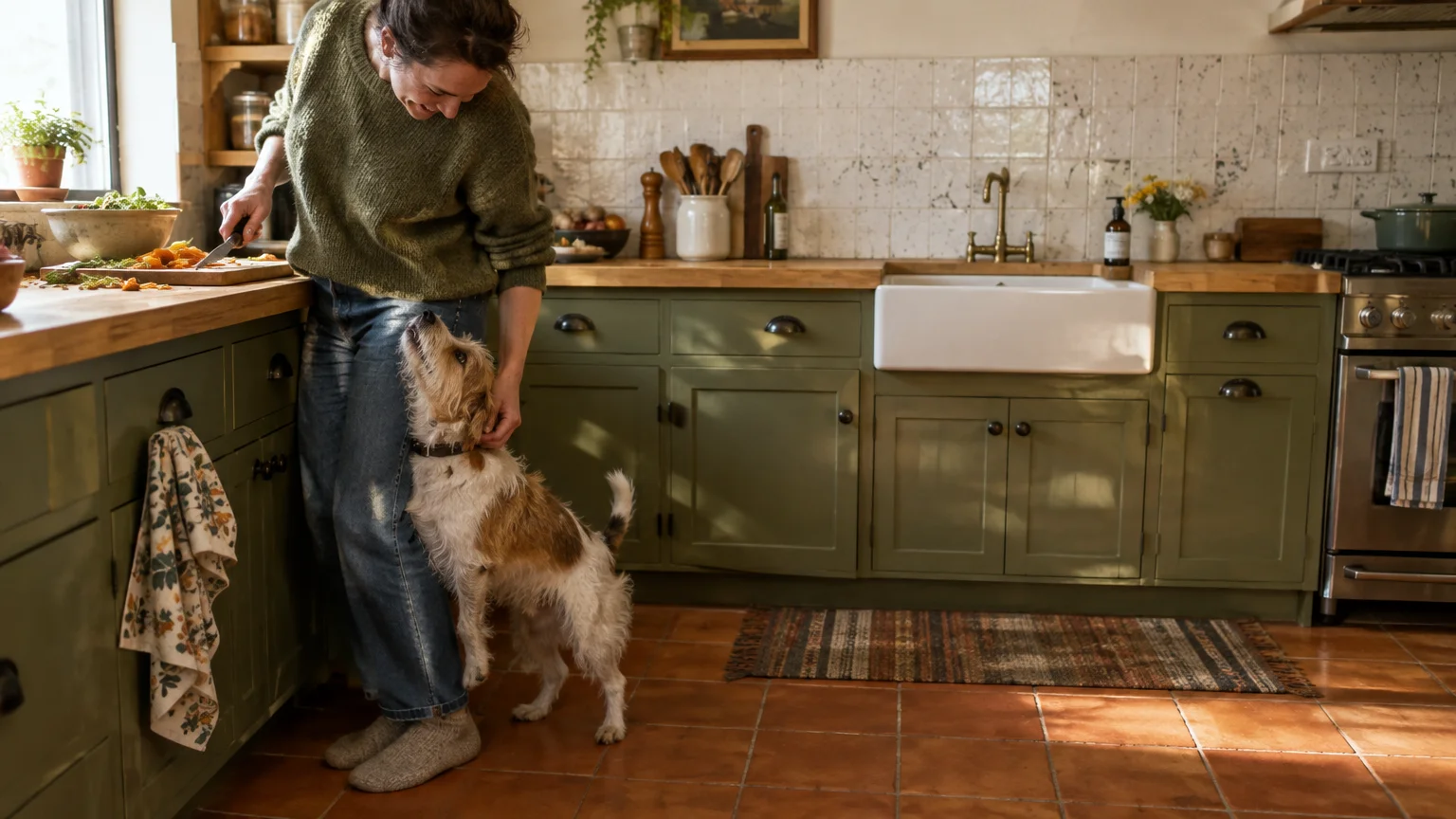 A woman chopping food in a kitchen looks down and smiles as a scruffy brown and white dog leans against her leg.