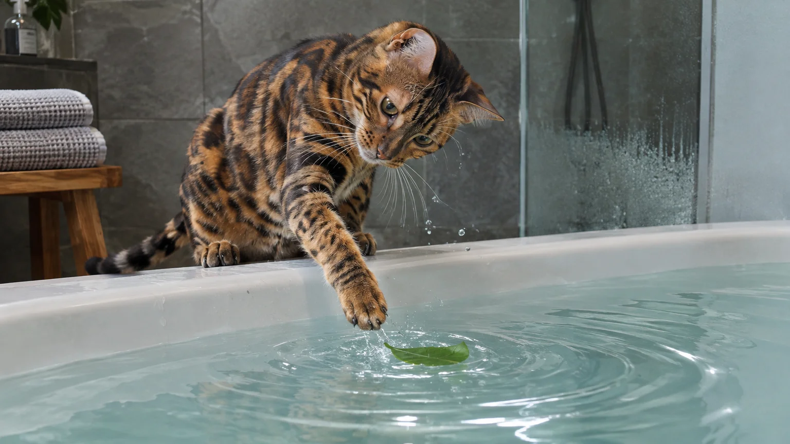 A spotted Bengal cat perches on the edge of a white bathtub, extending a paw toward a green leaf floating in the water.
