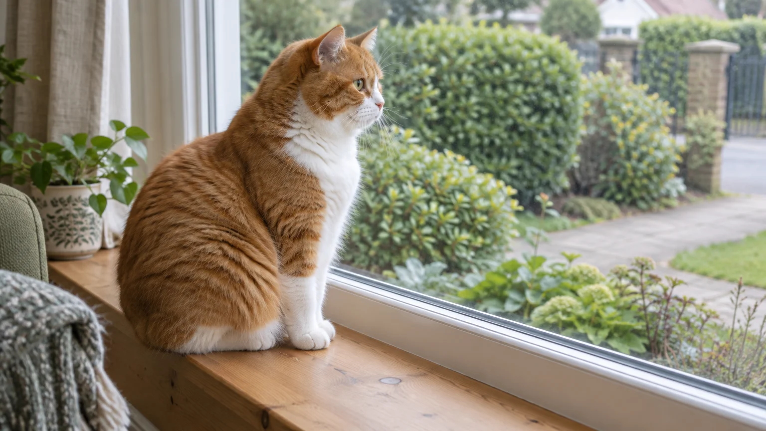 Ginger and white tailless cat sitting upright on an indoor wooden windowsill looking out into a green garden.