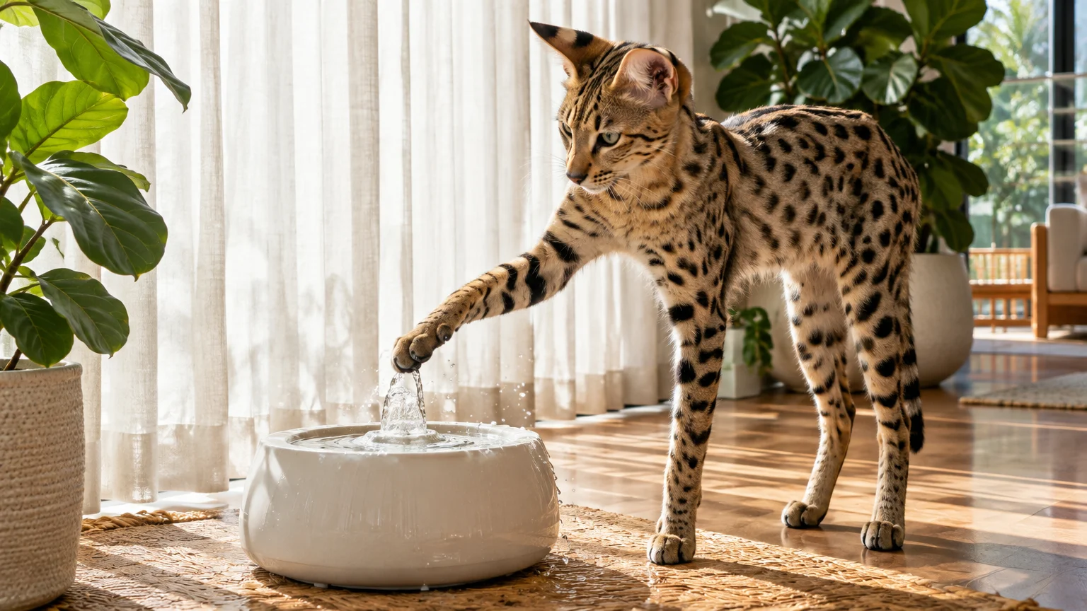A tall, spotted Savannah cat dipping its paw into a bubbling ceramic pet water fountain on an indoor rug.