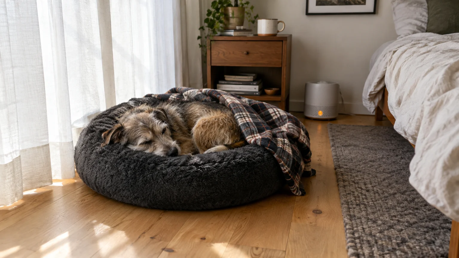 A small, scruffy dog sleeps curled up under a plaid blanket in a plush round dog bed on a hardwood bedroom floor.
