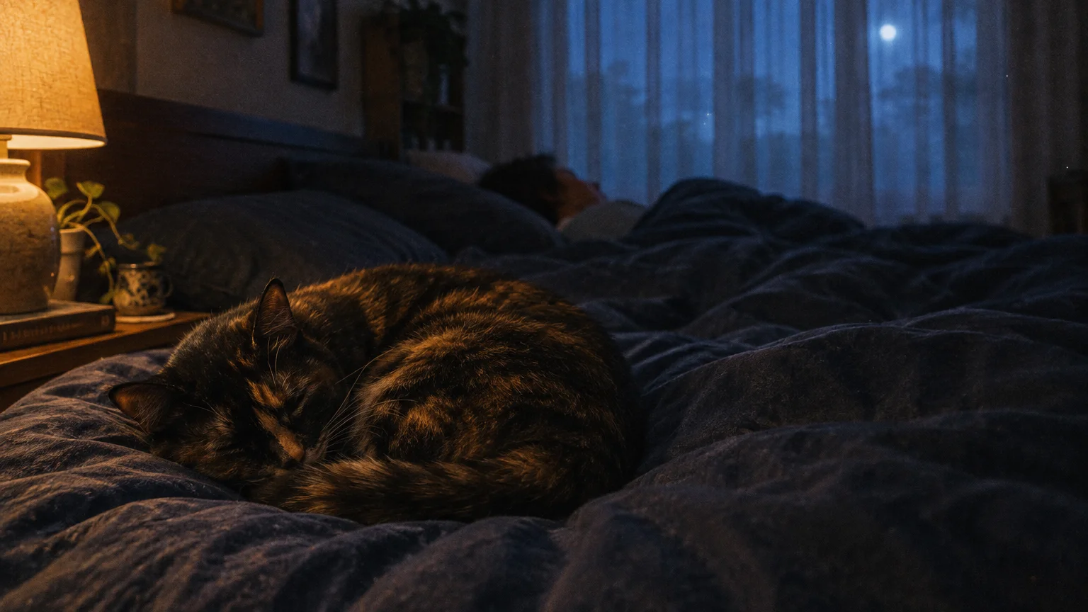 A tortoiseshell cat curls up asleep on a dark comforter beside a sleeping person in a dimly lit bedroom at night.