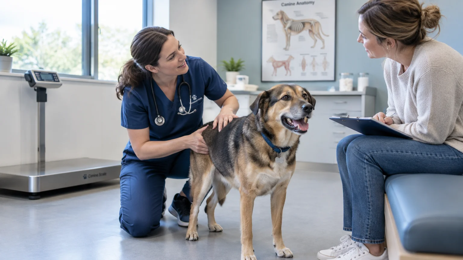 A female vet in blue scrubs examines a dog beside a woman holding a clipboard in a veterinary exam room.