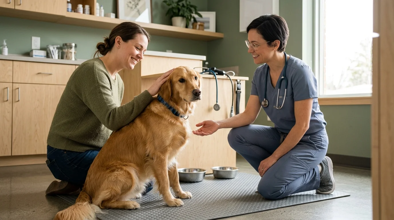 A smiling woman and a veterinarian in scrubs kneel beside a golden retriever on a mat in an exam room.