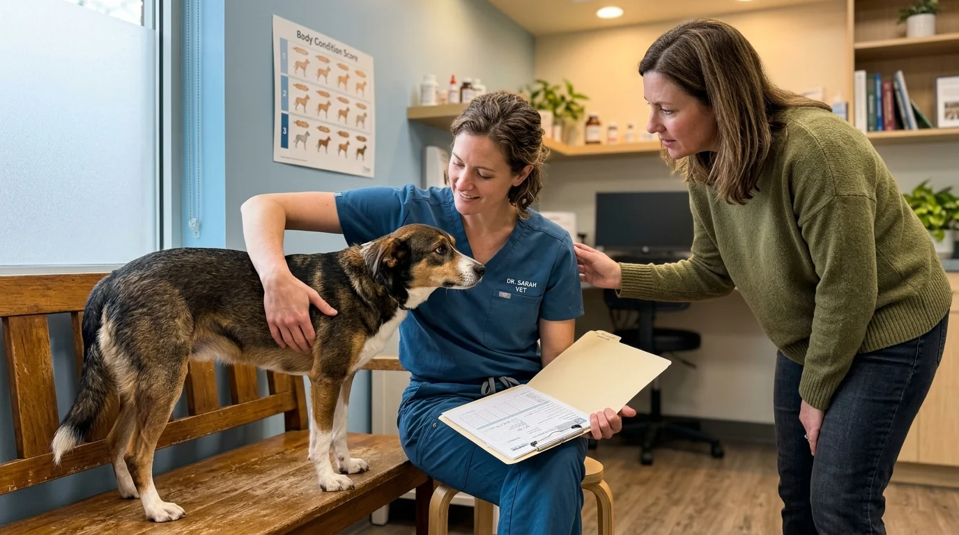 A veterinarian in blue scrubs examines a dog on a bench while talking with the pet owner in an exam room.