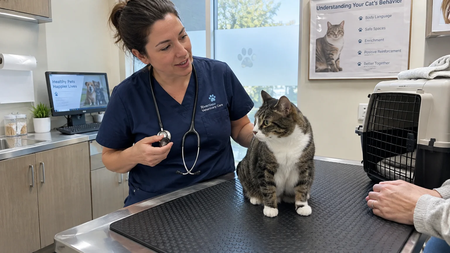 A veterinarian in blue scrubs examines a tabby and white cat sitting on an examination table next to a carrier.