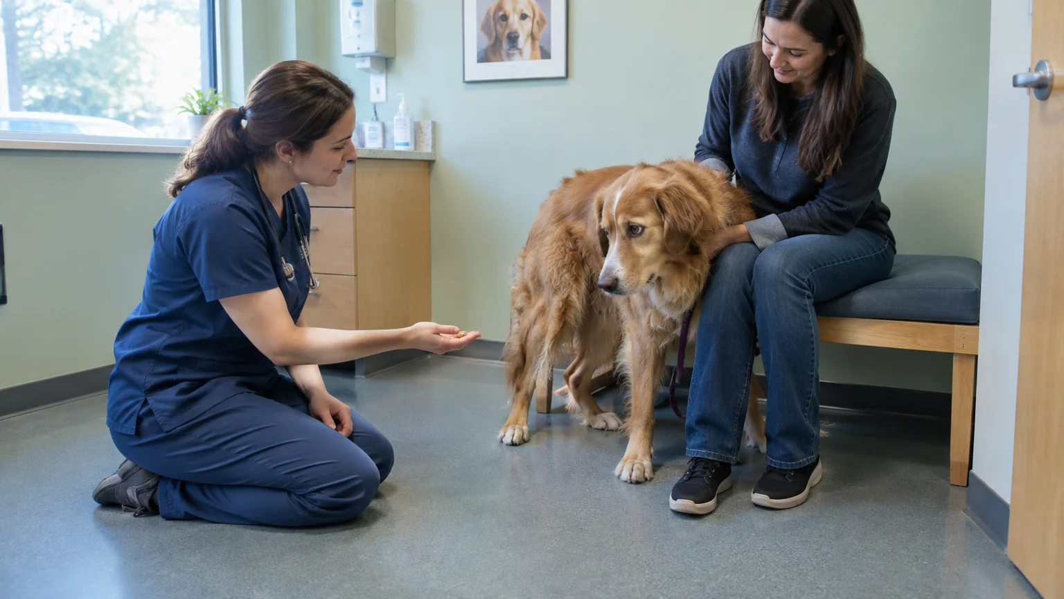 A golden retriever leans against a seated woman while a kneeling veterinary technician offers a treat in a clinic exam room.