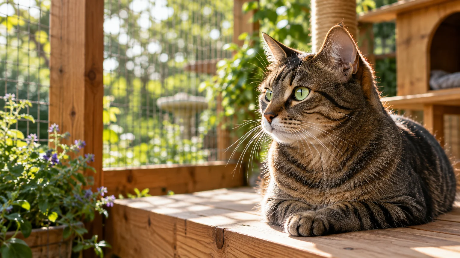 A tabby cat with green eyes rests on a wooden platform inside an outdoor screened cat patio.
