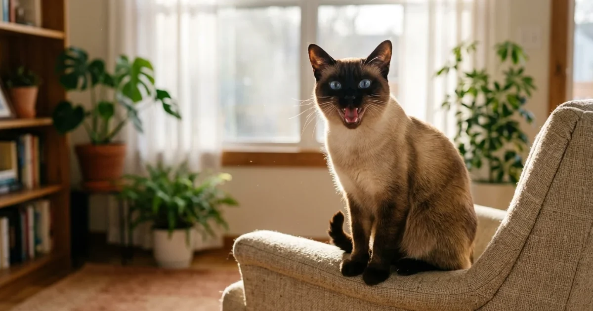 Siamese cat with blue eyes sitting upright on an armchair with its mouth open as if meowing in a living room.