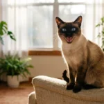 Siamese cat with blue eyes sitting upright on an armchair with its mouth open as if meowing in a living room.