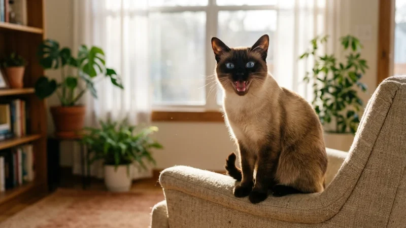 Siamese cat with blue eyes sitting upright on an armchair with its mouth open as if meowing in a living room.
