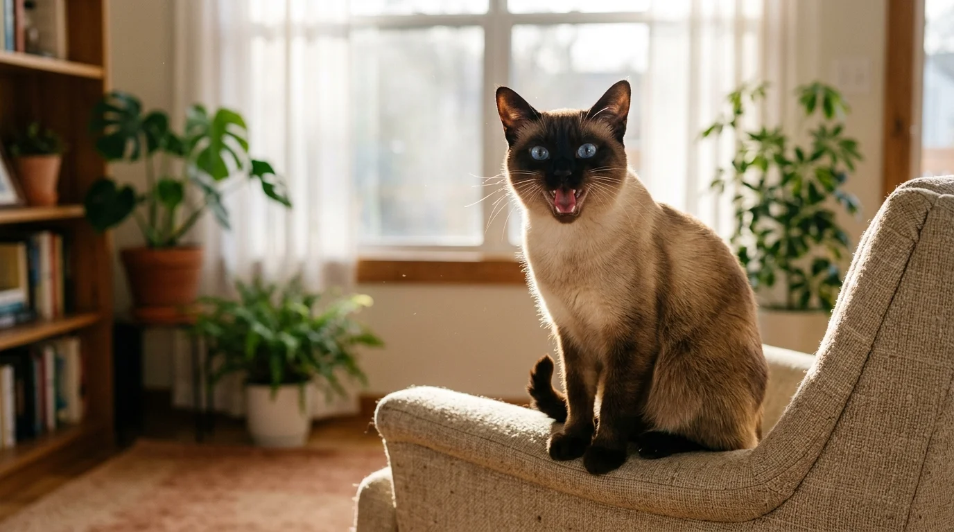 Siamese cat with blue eyes sitting upright on an armchair with its mouth open as if meowing in a living room.