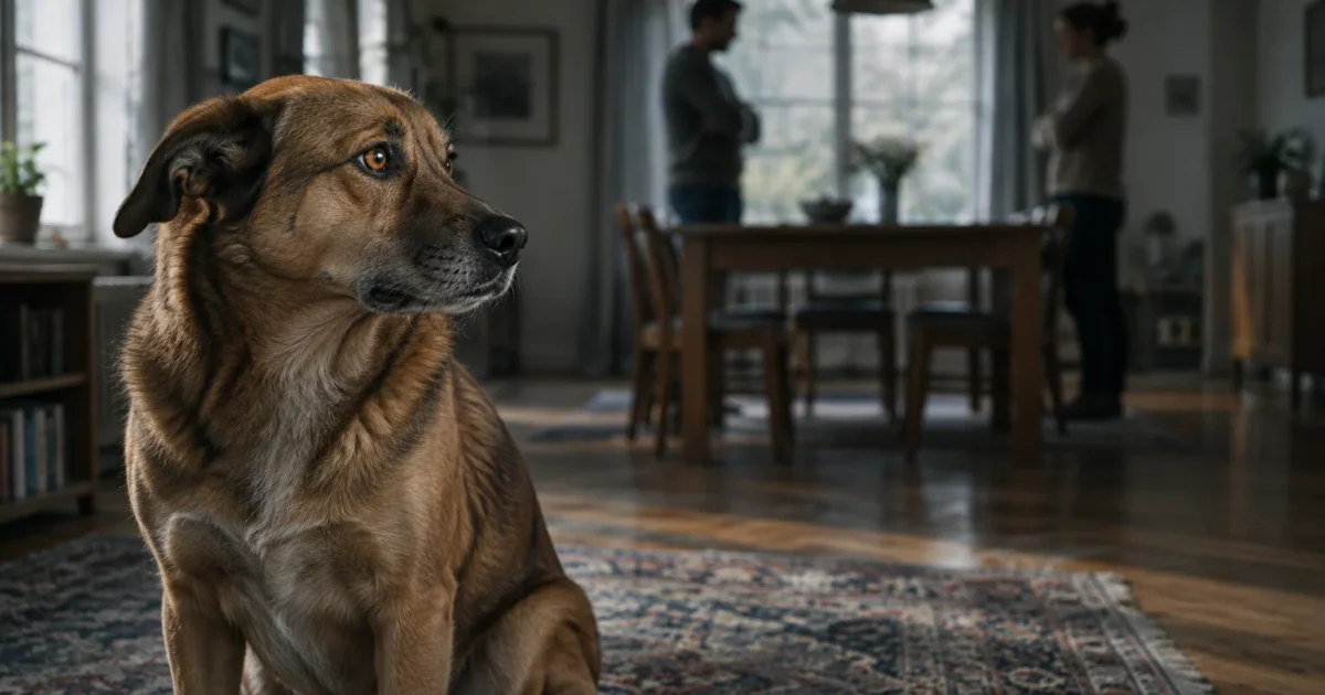 A brown dog sits attentively on a rug in the foreground while two people stand blurred in the background.