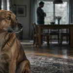 A brown dog sits attentively on a rug in the foreground while two people stand blurred in the background.