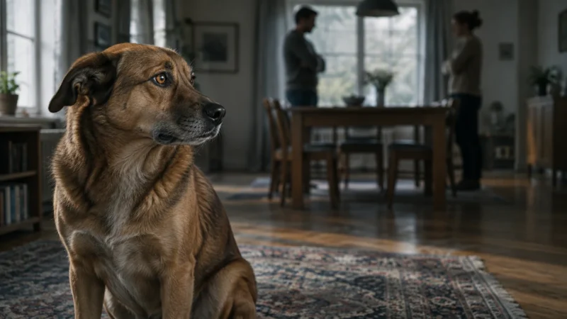 A brown dog sits attentively on a rug in the foreground while two people stand blurred in the background.