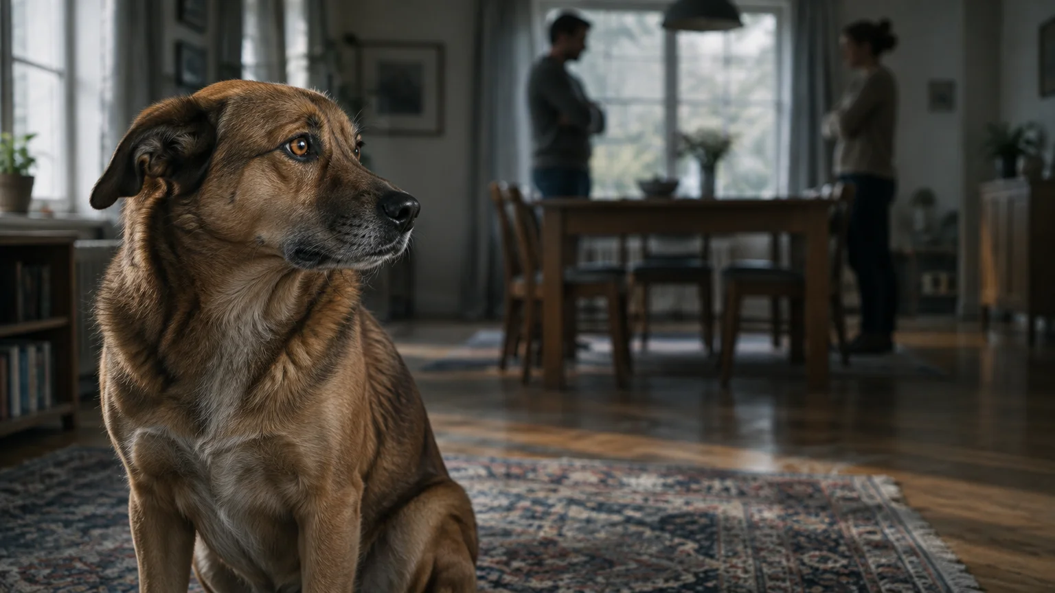 A brown dog sits attentively on a rug in the foreground while two people stand blurred in the background.