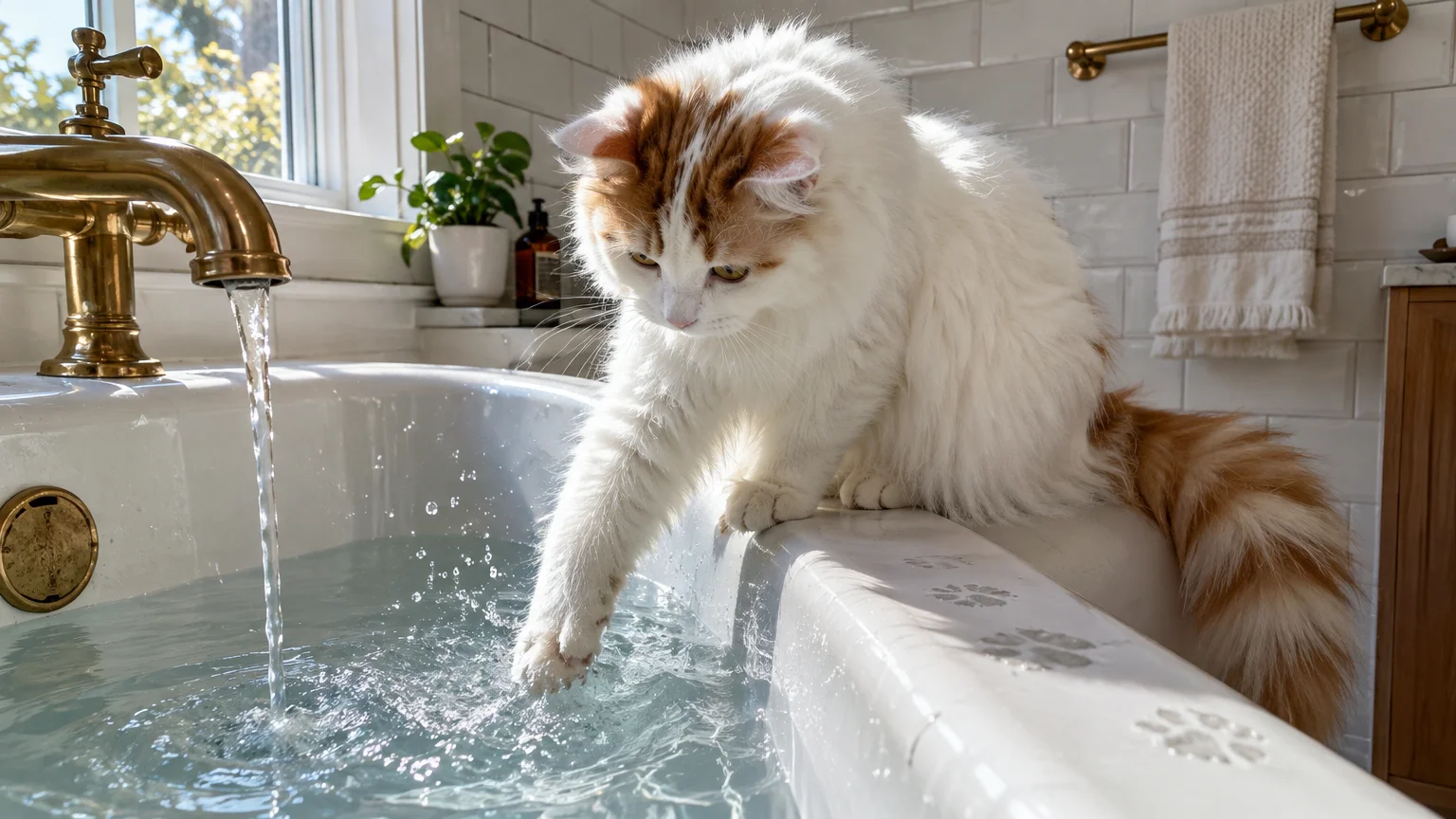 A fluffy white and ginger cat sits on the edge of a bathtub, dipping its front paw into the running water.