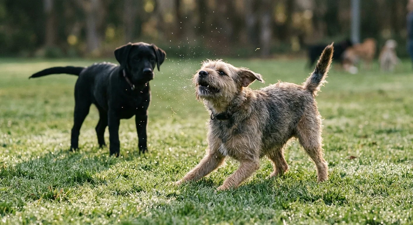 A scruffy terrier dog sneezes spray on a grassy field while a black puppy watches in the background.