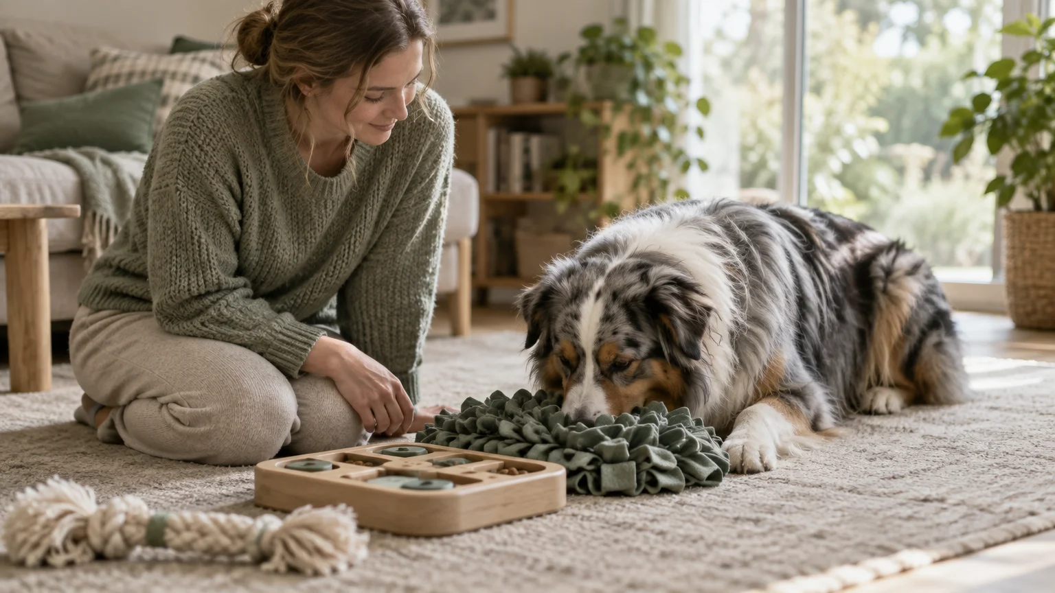 A woman kneels on a rug watching an Australian Shepherd forage in a snuffle mat next to a wooden puzzle toy.