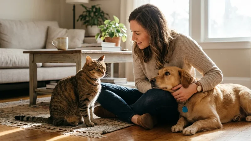 A smiling woman sits on a living room rug petting a golden retriever beside a sitting tabby cat.