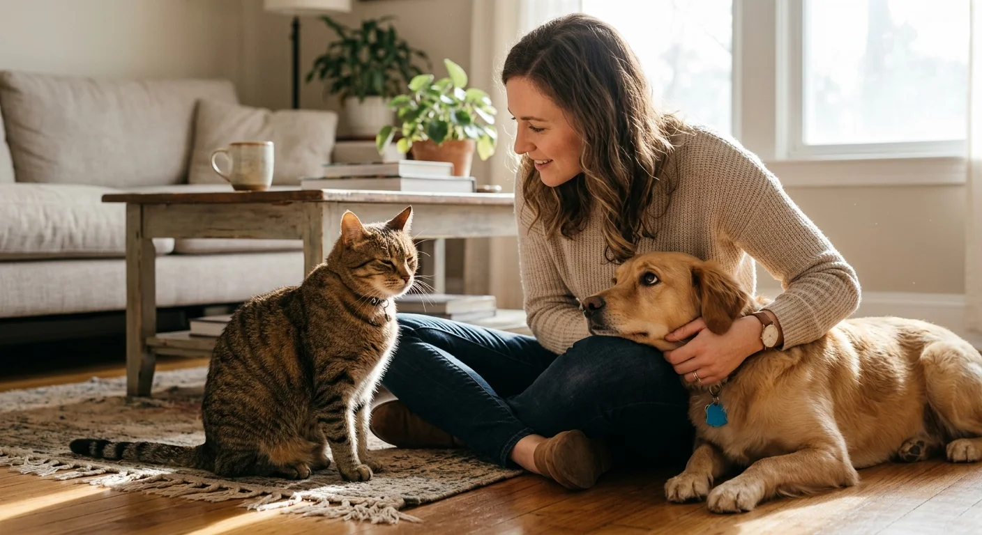 A smiling woman sits on a living room rug petting a golden retriever while looking at a tabby cat sitting nearby.