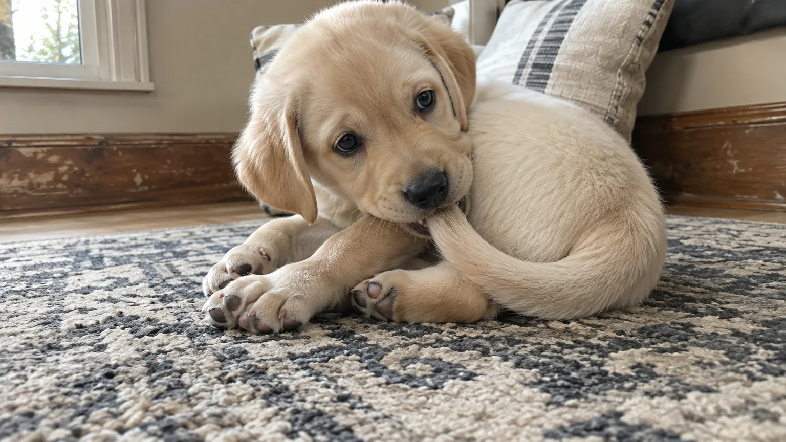 A yellow Labrador puppy curled up on a patterned rug, chewing on the tip of its own tail.