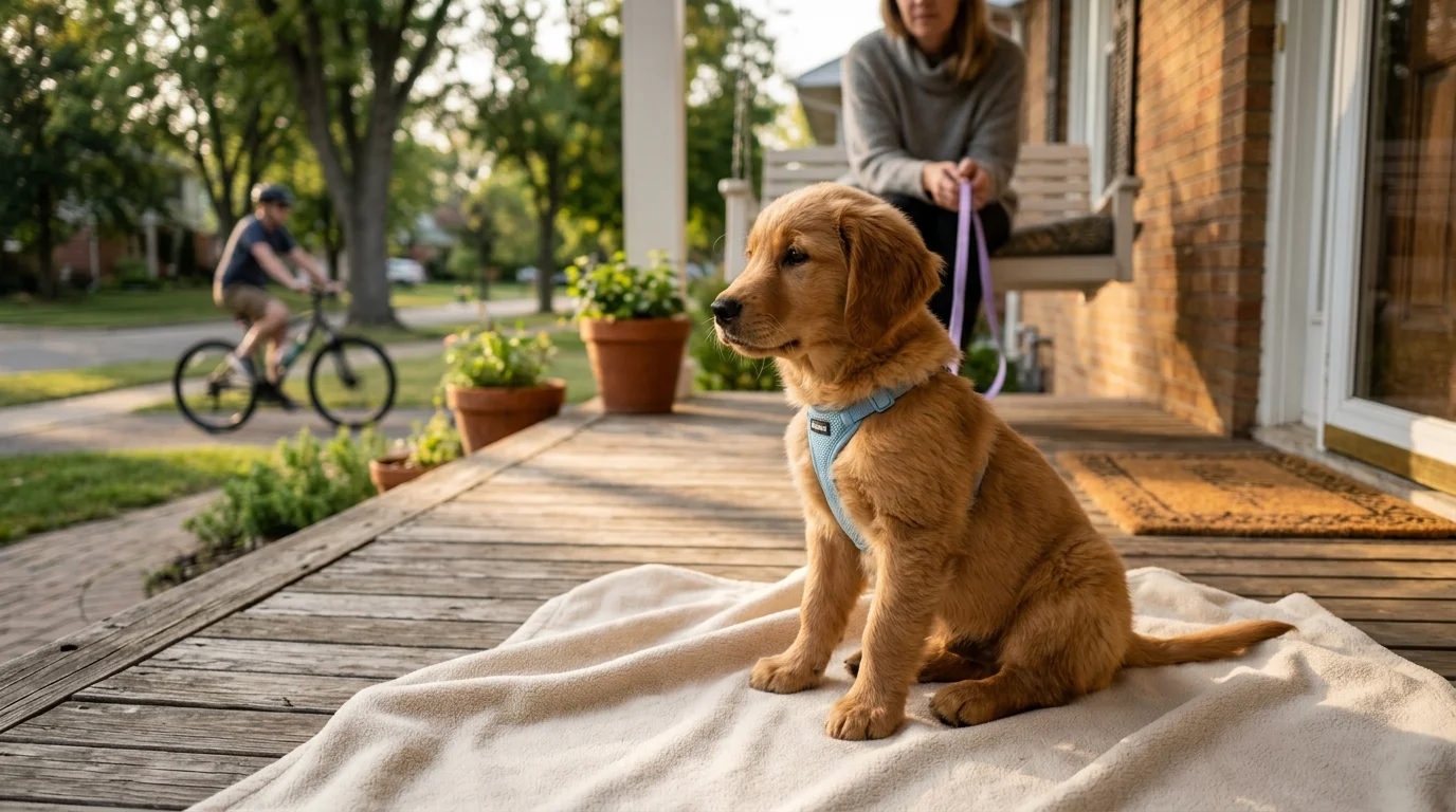 Golden retriever puppy sitting on a blanket on a porch, held by a leash while watching a cyclist ride by.