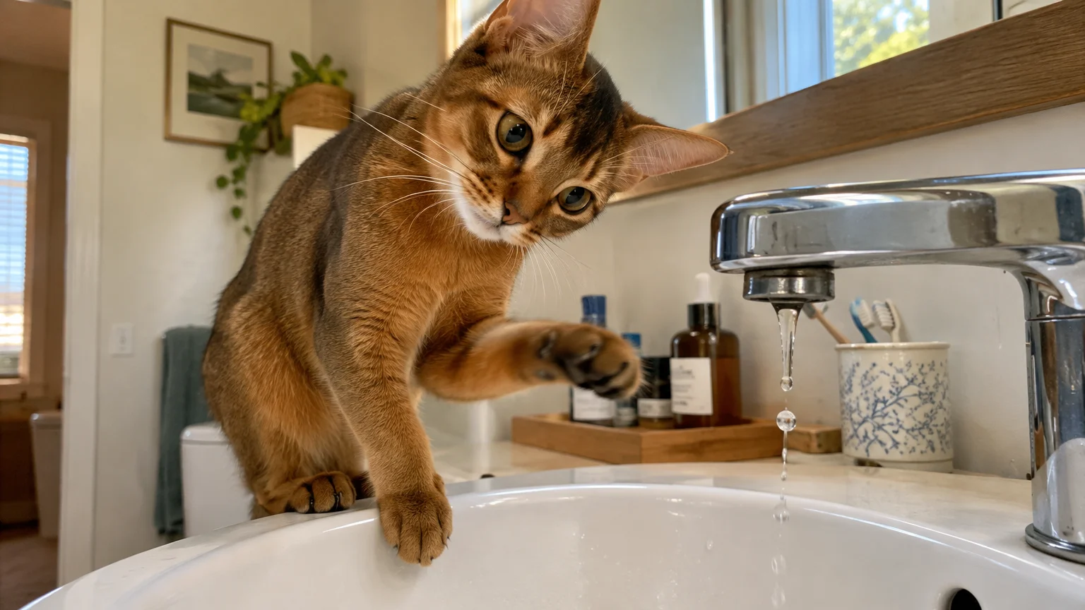 An Abyssinian cat perched on a bathroom sink reaches its paw toward dripping water from a chrome faucet.