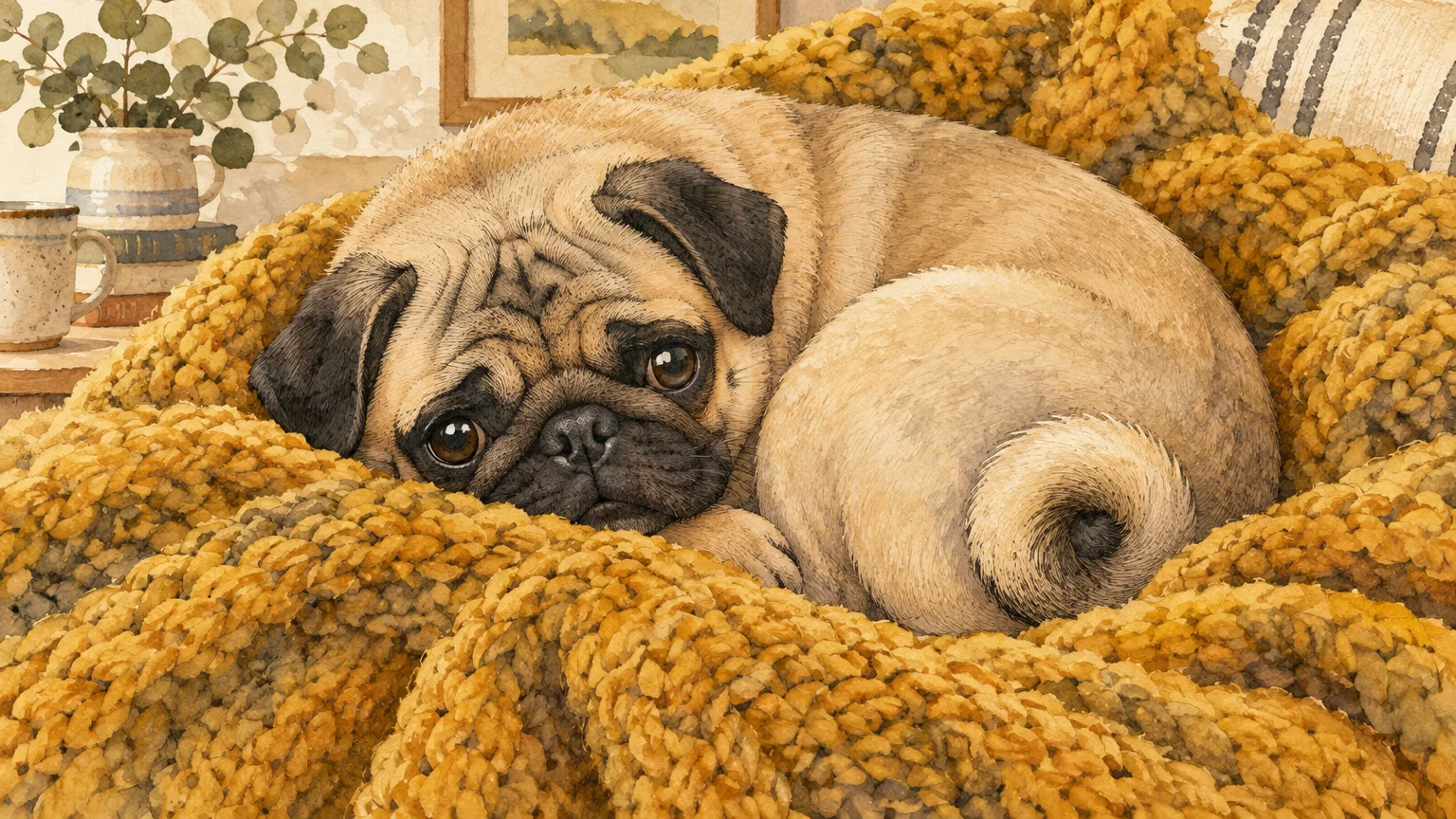 Watercolor illustration of a fawn pug curled up comfortably inside a thick, chunky yellow knitted blanket.