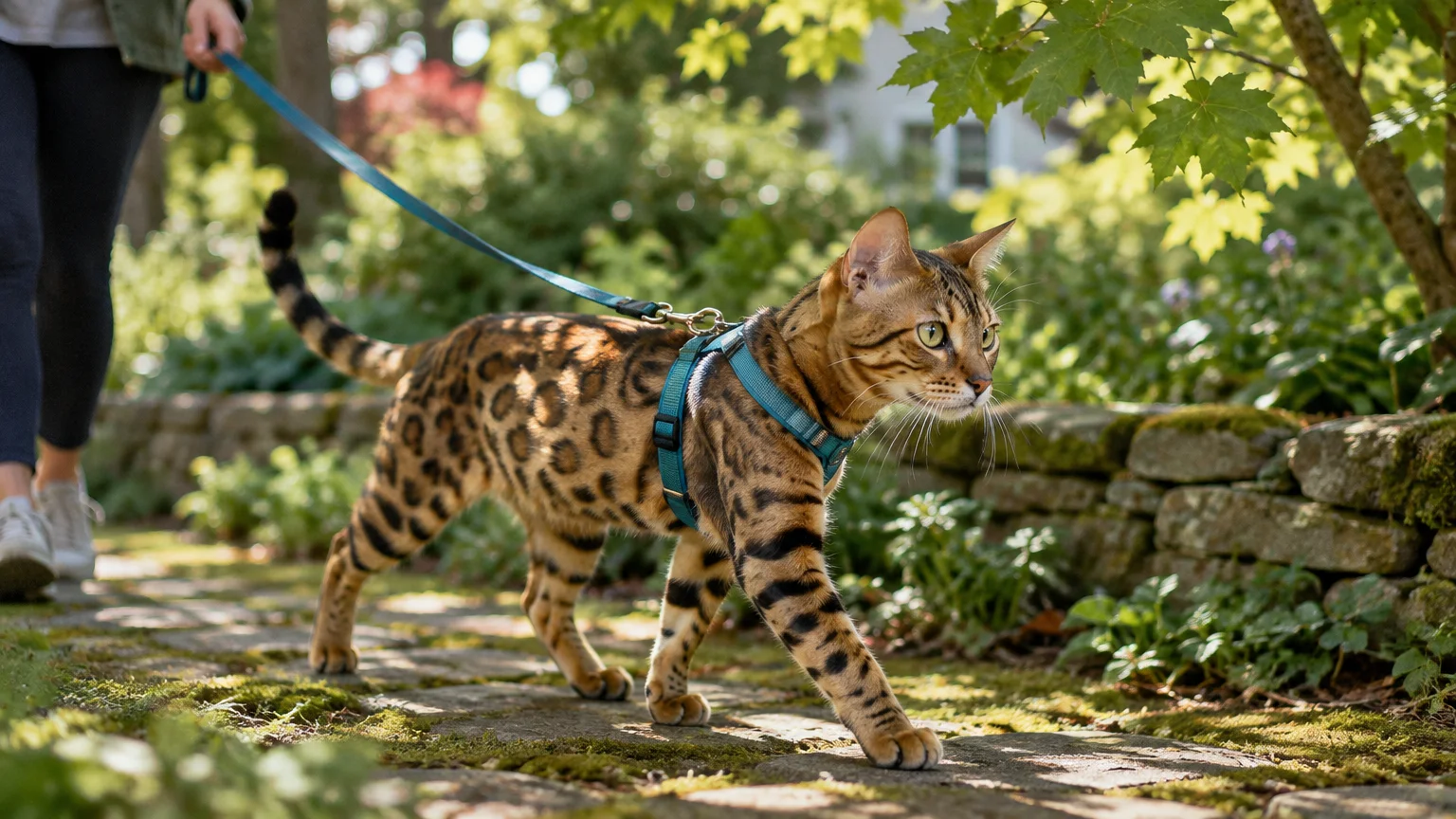 A spotted Bengal cat wearing a blue harness and leash walks along a stone path outdoors next to a person.