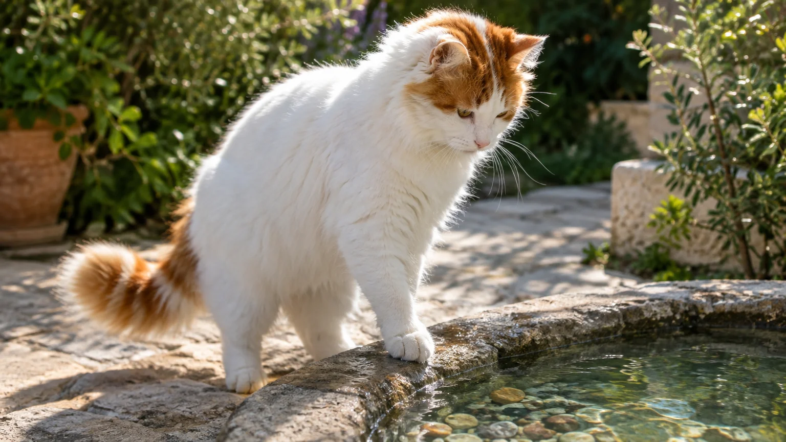 A white cat with an orange-and-white face and fluffy orange tail rests its front paw on a stone water fountain rim.