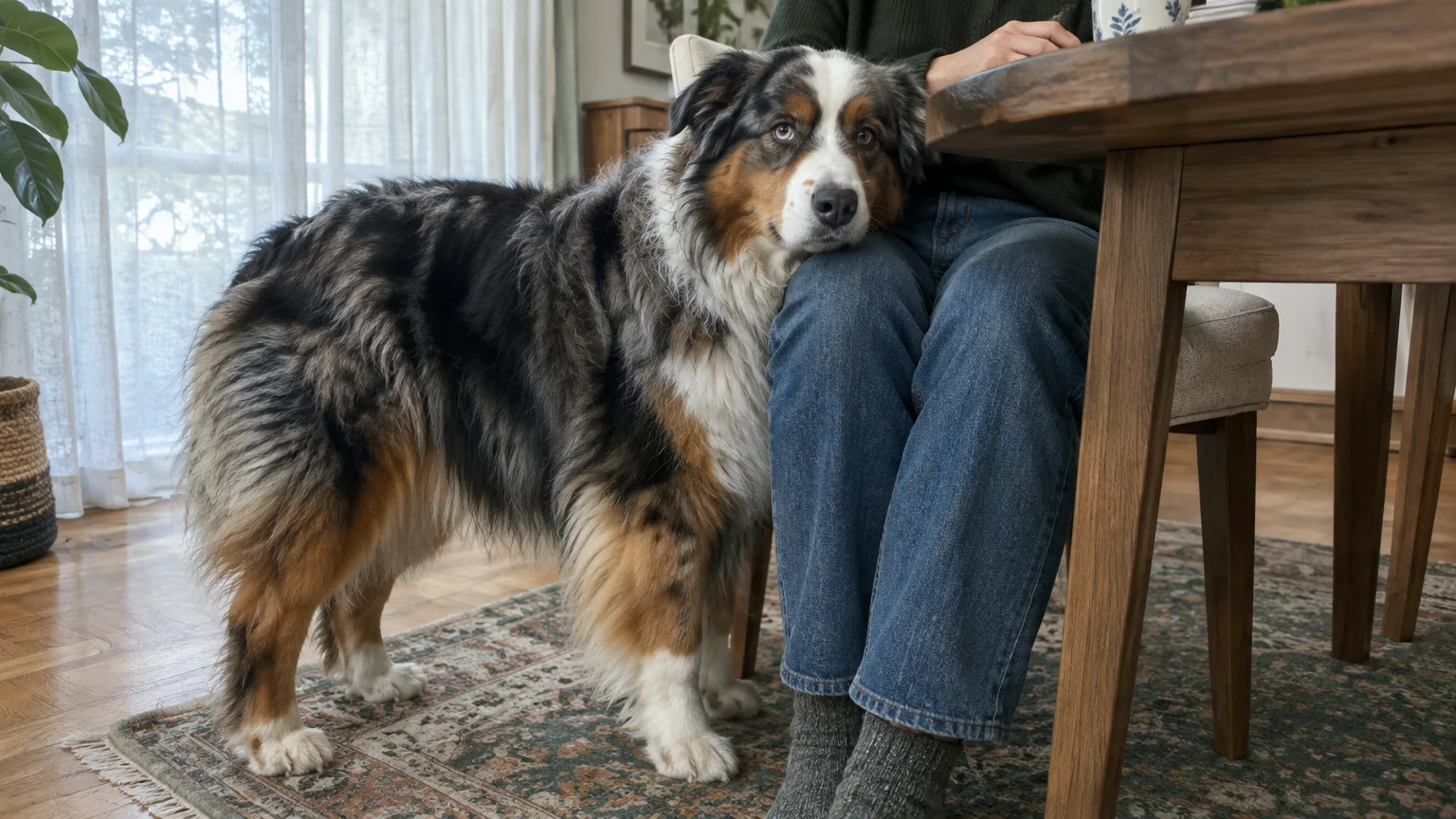Fluffy Australian Shepherd rests its head and leans against the legs of a seated person at a wooden dining table.