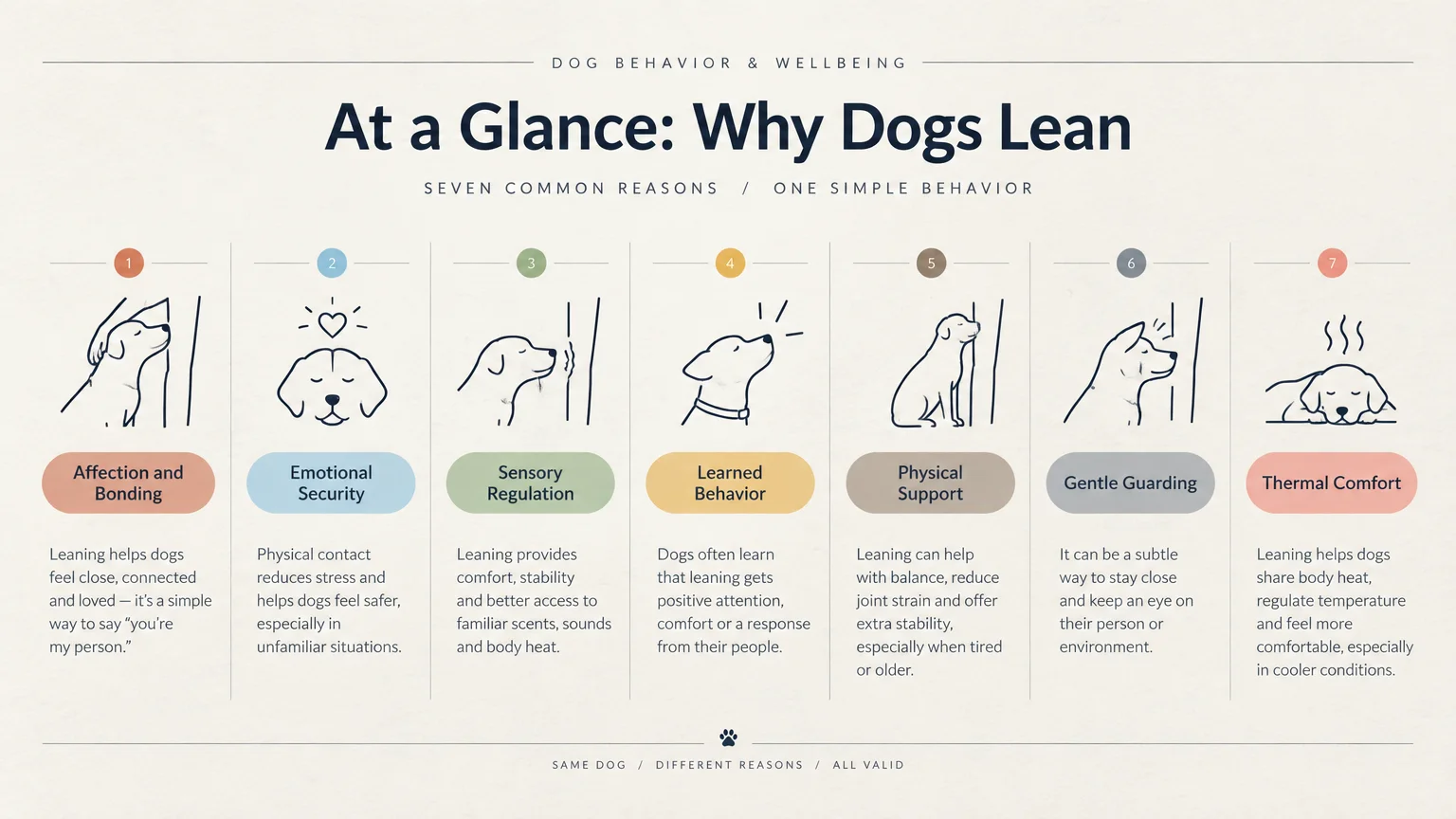 Infographic showing seven numbered columns with line illustrations and explanations for why dogs lean against owners.