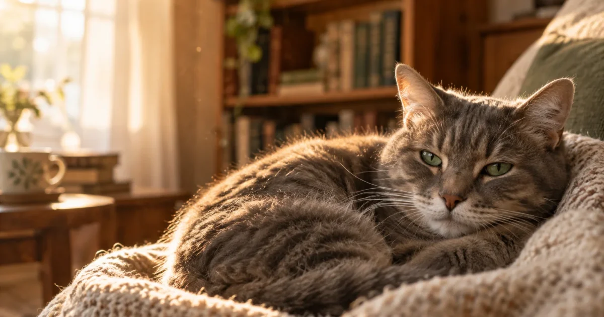 A tabby cat resting comfortably curled up on a knitted blanket in a sunlit room by a bookshelf.
