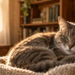 A tabby cat resting comfortably curled up on a knitted blanket in a sunlit room by a bookshelf.