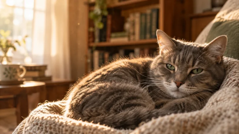 A tabby cat resting comfortably curled up on a knitted blanket in a sunlit room by a bookshelf.