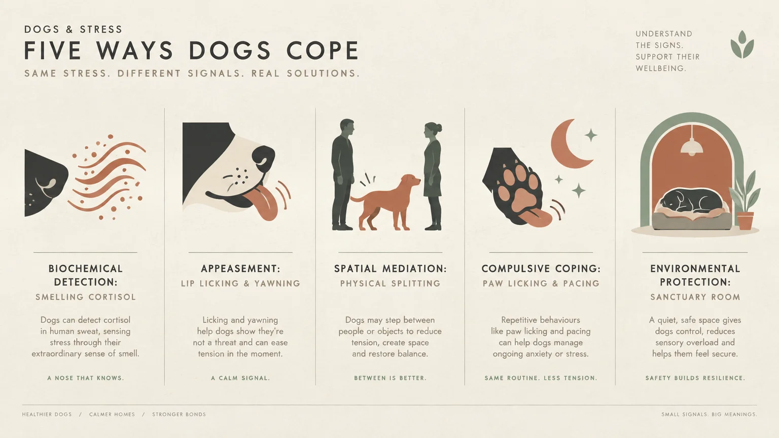 Infographic titled Five Ways Dogs Cope, showing five panels detailing canine reactions to human stress and tension.