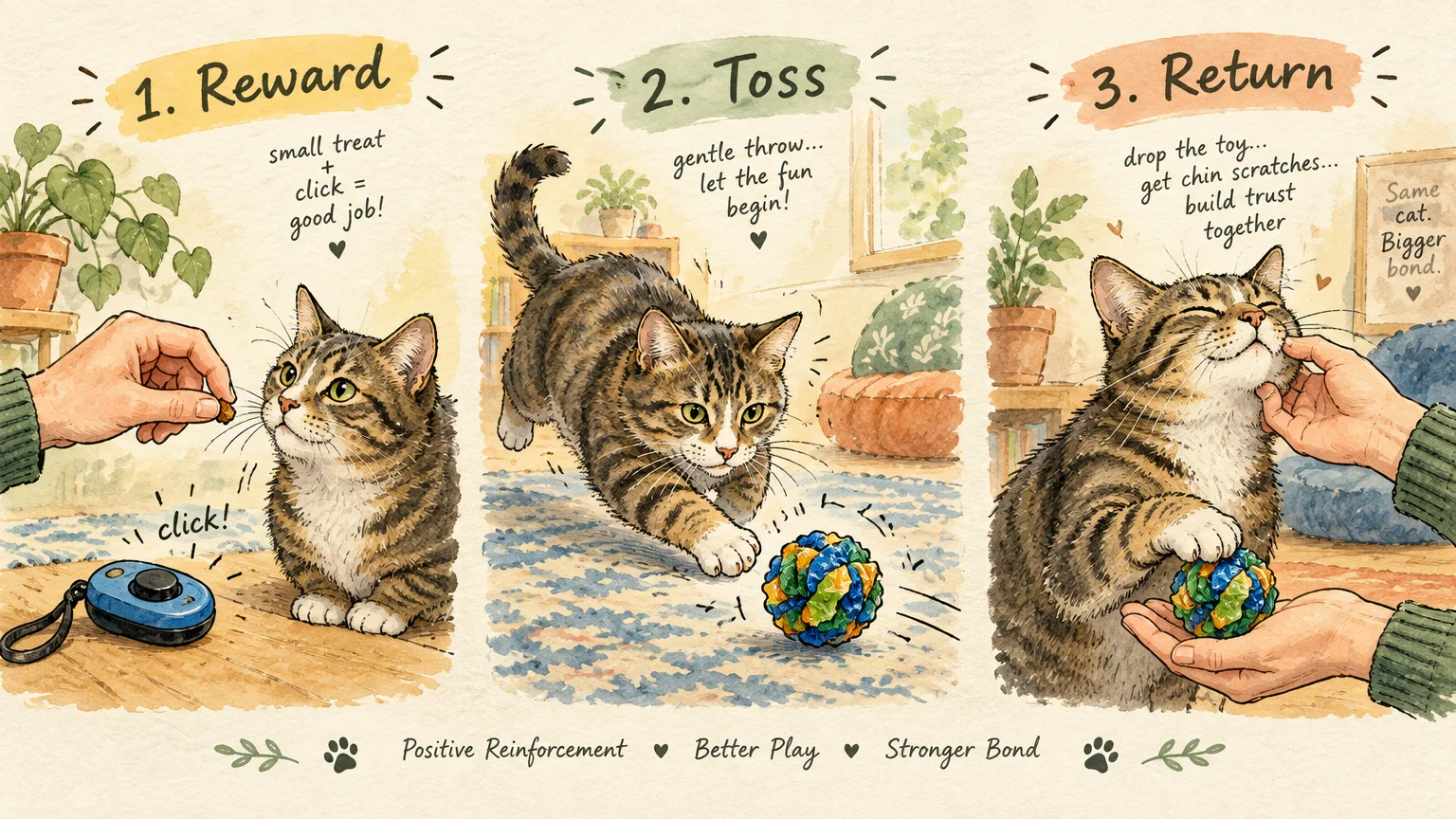Three-panel watercolor illustration showing steps to teach a tabby cat fetch: reward with a clicker, toss a ball, and return.