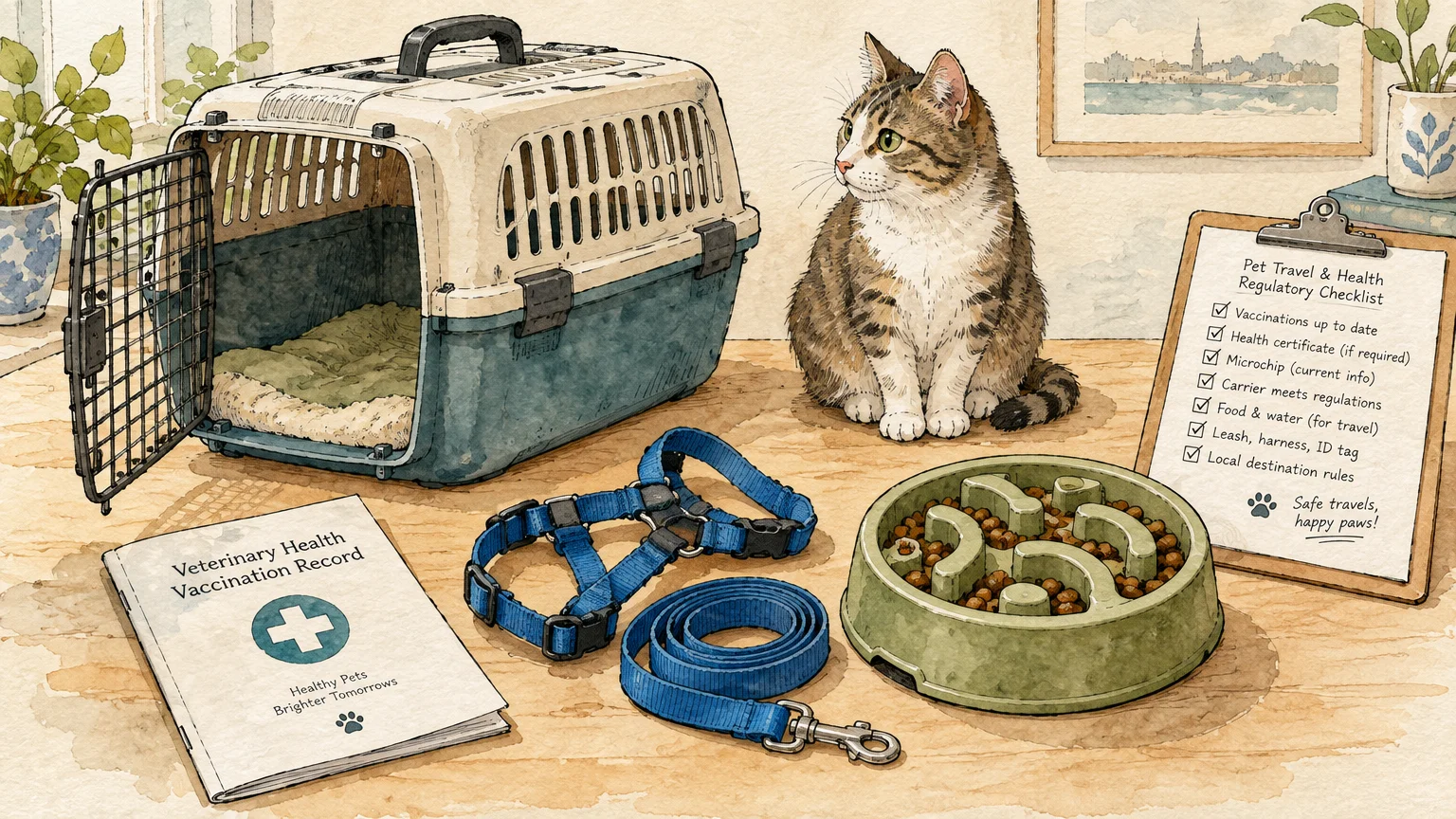 Watercolor of a tabby cat sitting beside a pet carrier, blue harness, leash, slow feeder, and travel checklist.
