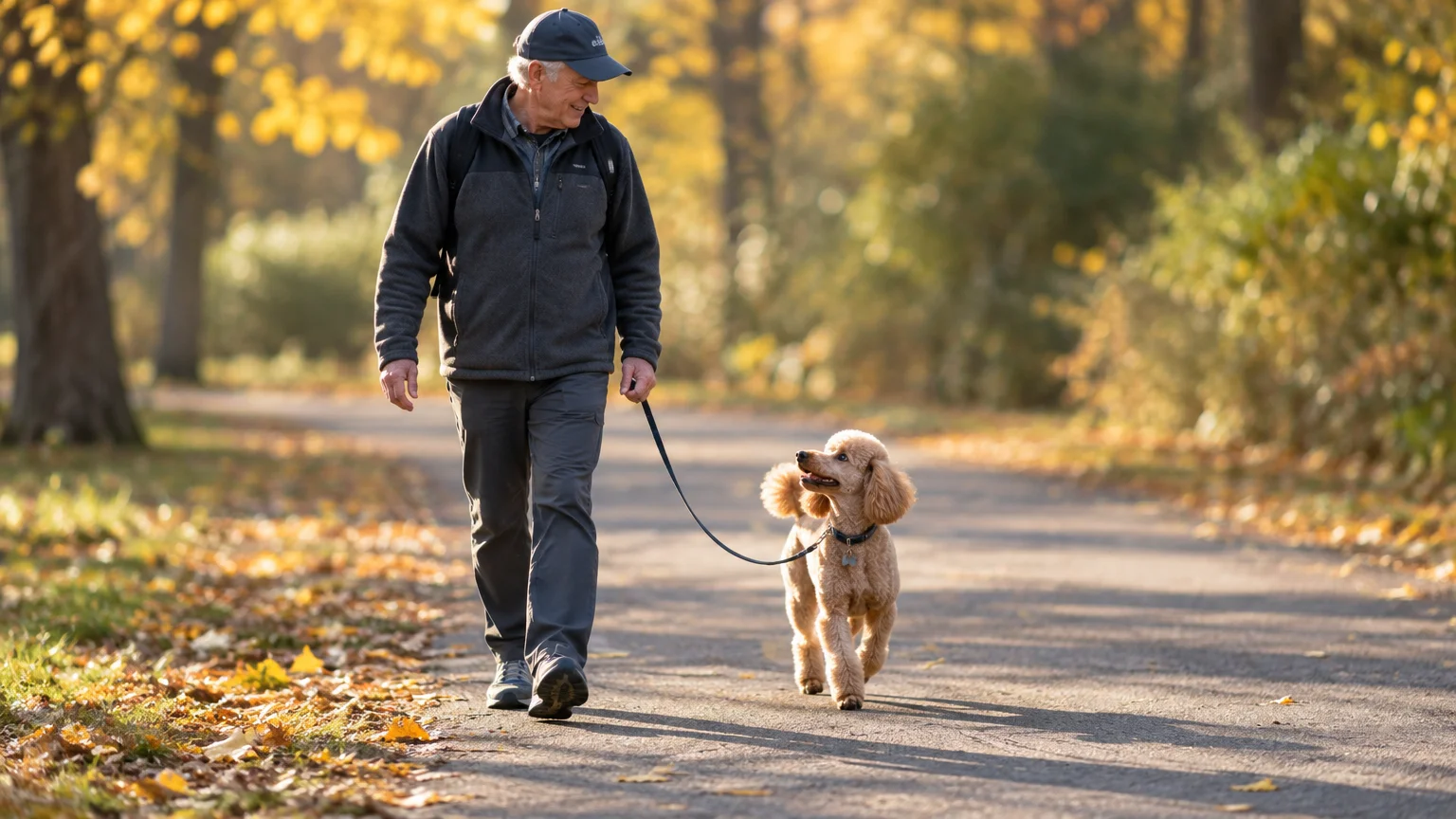 A senior man walks a leashed apricot poodle down a sunny, paved park path lined with autumn trees.