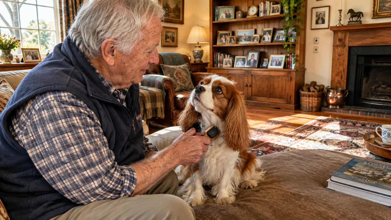 An older man gently brushes a Cavalier King Charles Spaniel sitting on an ottoman in a cozy living room.